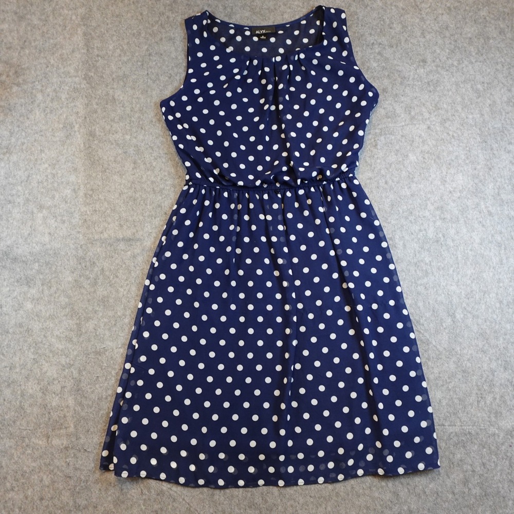 ALYX Dress Women 6 Navy Polka Dot Sleeveless Chiffon Fit Flare Pinup Rockabillly
